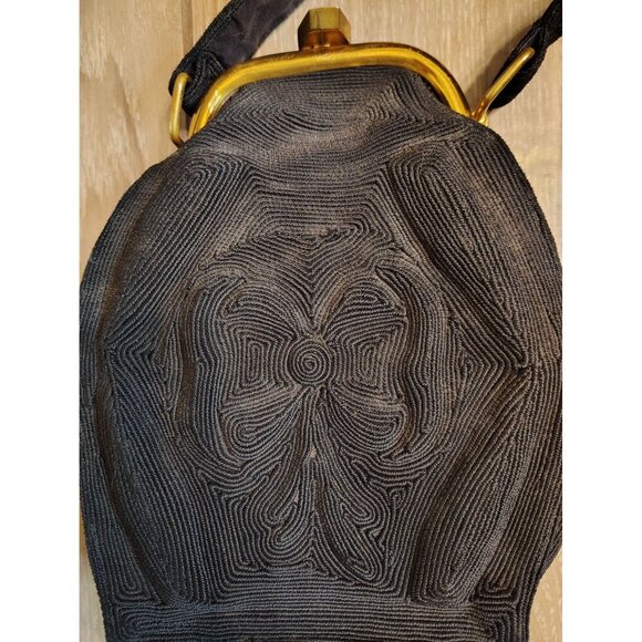 Vintage Corde Black Evening Handbag Purse Gold Tone Snap Art Deco Cocktail - Picture 2 of 7